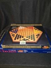 2 Board Games. 1 New Checkers Set, and 1 Chinese Checker Set with Wood Tournament Board. Both one