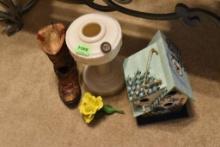 Hurricane lamp base, birdhouse and ceramic boot Please bring paper and boxes for your items.