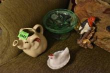 Small Green serving dish, Pig pitcher, and hen candy dish with lid Please bring paper and boxes for