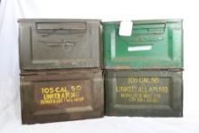 Four US metal 50 cal ammo boxes. Used.