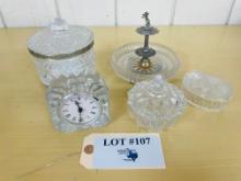 LOT OF PRESSED GLASS MIKASA CLOCK, POWDER DISHES AND JEWELRY HOLDER