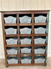 RUSTIC WOOD CABINET W/ GALVANIZED METAL BUCKETS