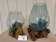 (2) BLOWN GLASS VASES ON DRIFTWOOD BASES