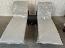 PAIR OF NEW ADJUSTABLE PATIO LOUNGERS WITH TABLE