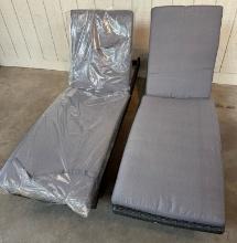 PAIR OF NEW ADJUSTABLE PATIO LOUNGERS WITH TABLE