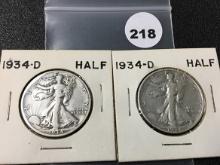 (2) 1934-D Walking Liberty Half Dollars