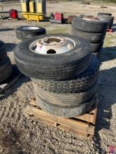 (3) CONTINENTAL 12R22.5 TIRES W/ WHEELS & (1) TOYO 10R22.5 TIRE