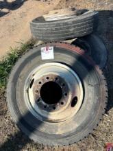 (3) 22.5 PILOT HOLE STEEL WHEELS W/ (BAD TIRES)