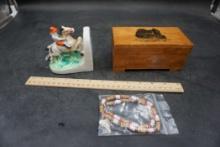 Wooden Trinket Box, Beaded Necklace & Horse W/ Rider Bookend