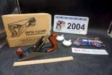 Carpenters Smooth Plane, License Plate, Metal Pickup Decor & 2 Nesting Hens