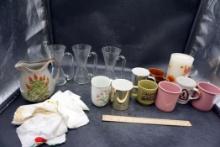 Pitcher, Mugs, Handkerchiefs, Candle, Glass Cups