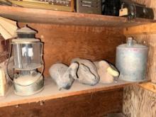 Contents of Shelf - Old Victor Radio, Lantern, Waffle Set, Old Water Can, etc.