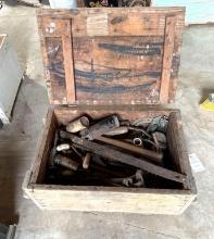 Wooden Storage Box with Antique Tools