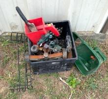 Crate of Misc. Sprinklers and Fertilizer Spreaders