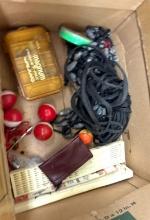 Box of Misc. Fishing Tackle and Supplies - Hooks, Basket, Bobbers, Weights, Minnow Bucket, etc.