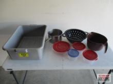 Gray Wash Tub with Bowl, Strainer, Faberware...Pan and Assorted Food Storage Containers