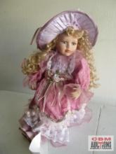 China Doll with Pink Dress and Doll Stand