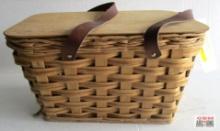 Basket with Leather Handles and a Wooden Hinged Lid