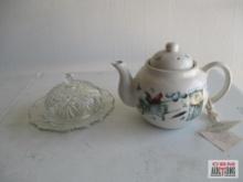 Ceramic Teapot and Clear Glass Butter Dish with Lid