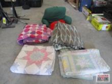 Assorted Quilts, Blankets, and Support Pillow