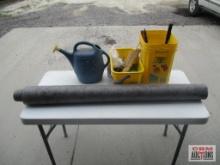 Watering Can, Weed Barrier Fabric and Assorted Gardening Tools