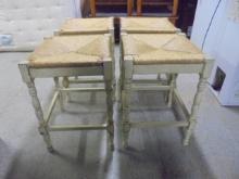 Set of 4 Matching Solid Wood Rush Seat Stools