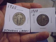 1925 & 1928 S Mint Silver Standing Liberty Quarters