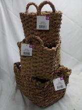 3Pc Assorted Size Woven Style Rush Storage Baskets- Tags Total $36