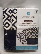 Comfort Bay 4Pc Luxuriously Soft Queen Sheet Set- Designer Print, Dark Blue