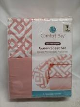 Comfort Bay 4Pc Luxuriously Soft Queen Sheet Set- Designer Print, Light Pink