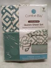 Comfort Bay 4Pc Luxuriously Soft Queen Sheet Set- Designer Print, Light Teal