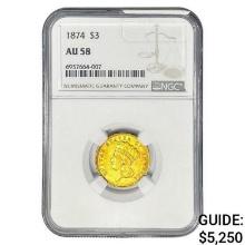 1874 $3 Gold Piece NGC AU58