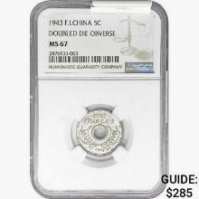 1943 5C F.I. China NGC MS67 DBL Die Obverse