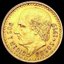 1919 Mexico 2.5 Peso Gold .0603oz AGW CLOSELY UNCIRCULATED