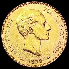 1879 Spain 25 Pesetas Gold.2334oz AGW CLOSELY UNCIRCULATED