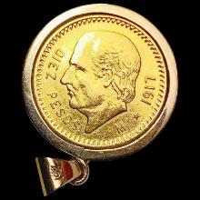 1917-Mo Gold 10 Pesos .2411oz coin 14k Bezel .13oz HIGH GRADE