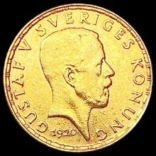 1920 Sweden 5 Kronor Gold .0646oz AGW CLOSELY UNCIRCULATED