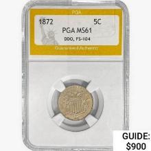 1872 Shield Nickel PGA MS61 DDO, FS-104