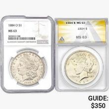 [2] 1884-O&1924 Silver Dollars NGC/ANACS MS63