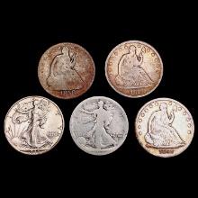 1858-1944 Varied Date US Half Dollar Lot [5 C oins] HIGH GRADE