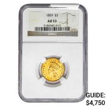 1859 $3 Gold Piece NGC AU53