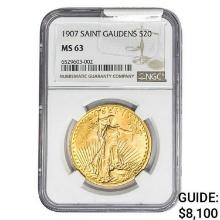 1907 $20 Gold Double Eagle NGC MS63