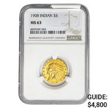 1908 $5 Gold Half Eagle NGC MS63