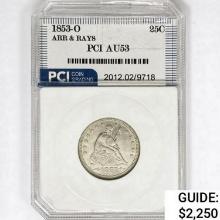 1853-O Seated Liberty Quarter PCI AU53 ARR & RAYS