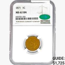 1871 CAC Indian Head Cent NGC MS62 BN