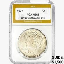 1922 Silver Peace Dollar PGA MS66 OBV Struck Thru