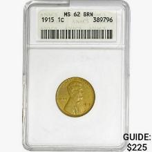 1915 Wheat Cent ANACS MS62 BRN