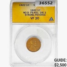 1922 Wheat Cent ANACS VF20 No D FS-401 Die 2