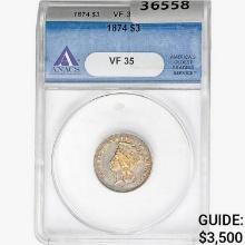 1874 $3 Gold Piece ANACS VF35