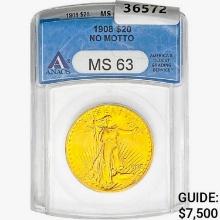 1908 $20 Gold Double Eagle ANACS MS63 No Motto